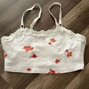 Aerie White Floral Lace Trim Cropped Cami Top